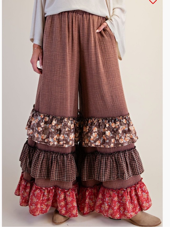 Easel Los Angeles Pants - EF77–🤎 (ETA 9/15) Boho Wide-Leg Ruffle Tiered Pants in Brown